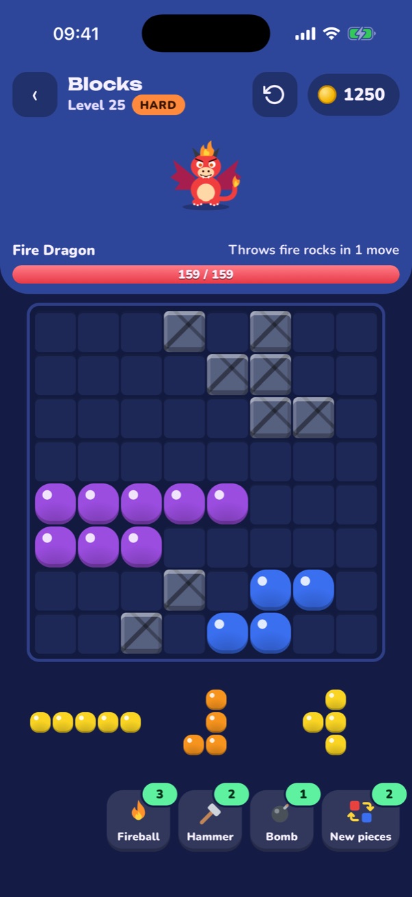 Blocks, level 25: an 8 by 8 board with rocks, candy-style blocks and the Fire Dragon