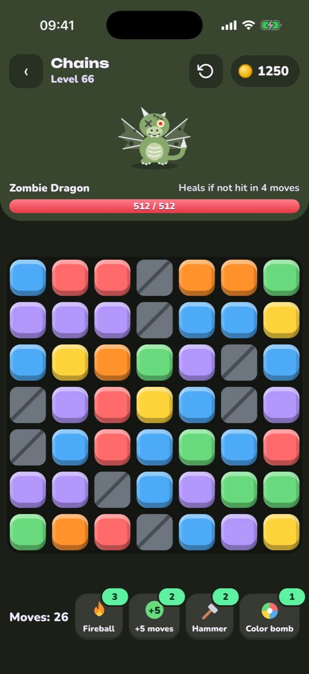 Chains, level 66: a 7 by 7 grid of colored tiles and stones, and the Zombie Dragon