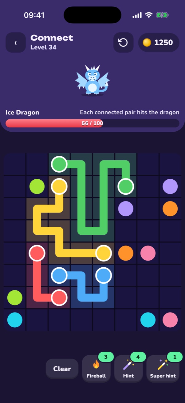 Connect, level 34: colored lines joining pairs of dots on an 8 by 8 grid, and the Ice Dragon