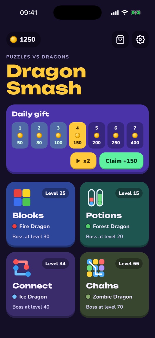 Dragon Smash main menu: daily gift, coins and the four games with their current dragons