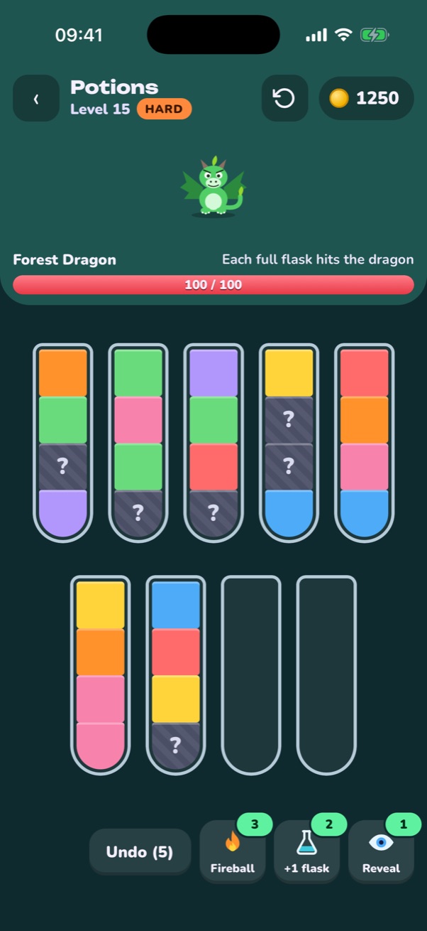 Potions, level 15: nine flasks of colored layers, some hidden under question marks